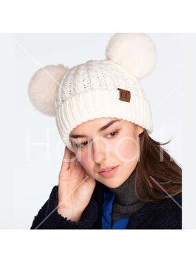 C.C Exclusives Cream Knit Beanie With Pom Poms